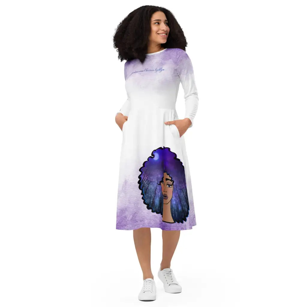 Afro Skies white w/ purple watercolor long sleeve midi dress Printful