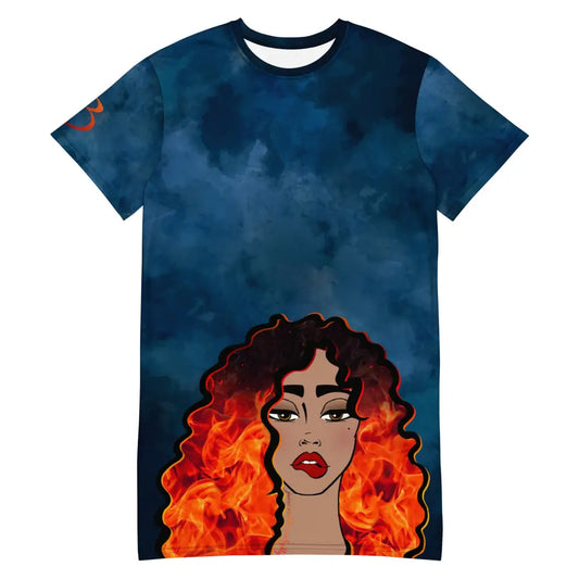 Curls on Fire dark blue watercolor T-shirt dress Printful