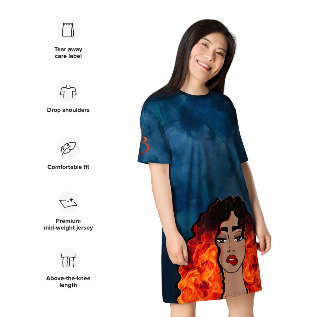 Curls on Fire dark blue watercolor T-shirt dress Printful